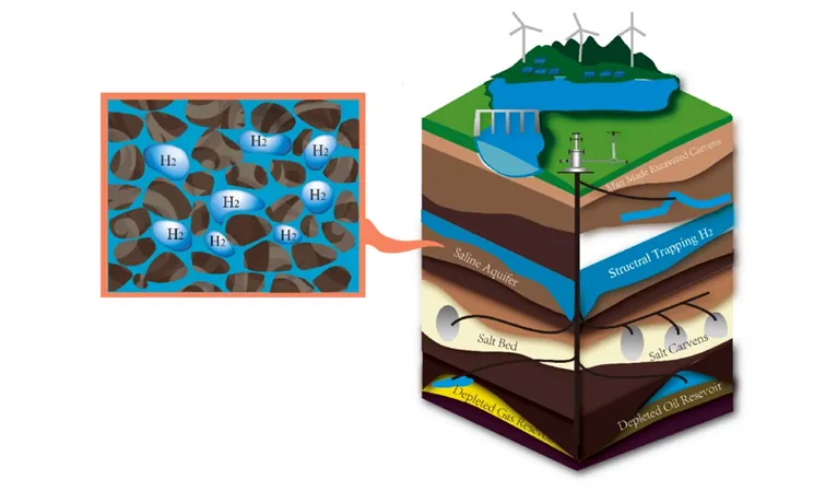 Cross-section of the subsurface showing where hydrogen can be trapped: saline aquifer, structural trap, salt caverns and depleted gas and oil reservoirs, with a close-up of H₂ molecules in the rock pores