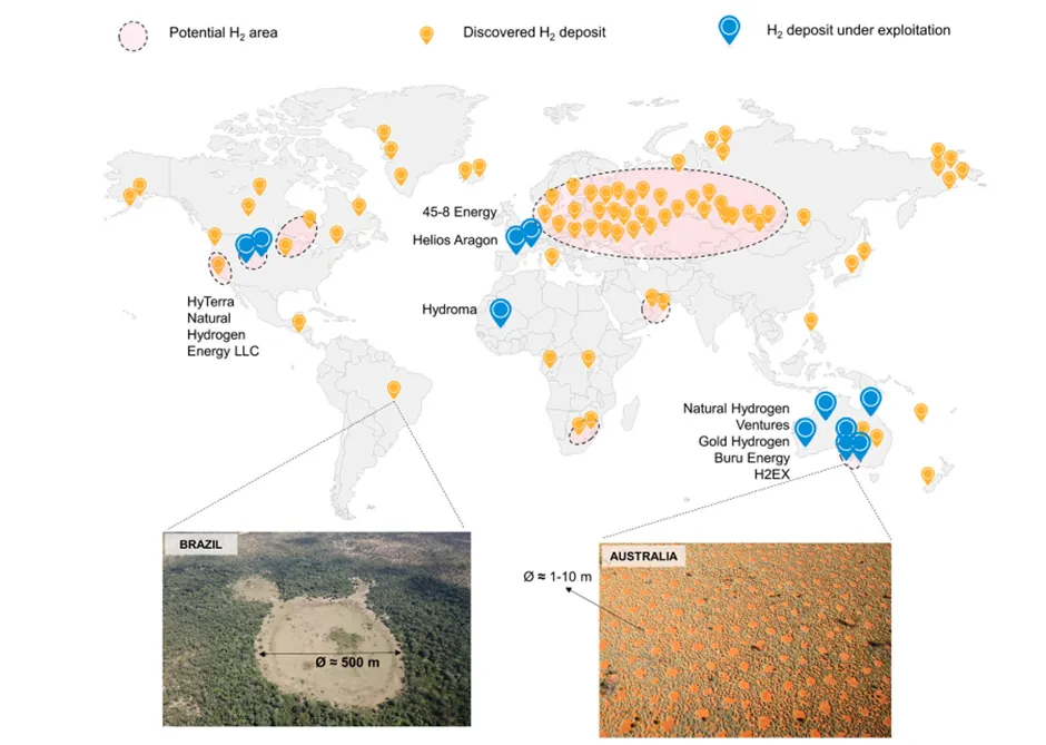 World map of potential areas, discovered deposits and natural hydrogen sites under exploitation, such as Helios Aragon in Spain, with aerial photos of fairy circles in Brazil, about 500 m across, and Australia, 1 to 10 m