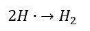 Radiolysis equation: two hydrogen radicals combine into one H₂ molecule (2 H· → H₂)