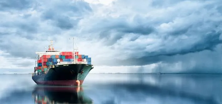 Container ship loaded with coloured containers sailing on calm water under a cloudy sky, used as the reference vessel in the case study
