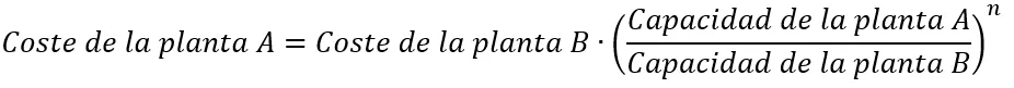 Fórmula de escalado de costes: coste de la planta A igual al coste de la planta B por el cociente entre la capacidad de A y la de B elevado a n