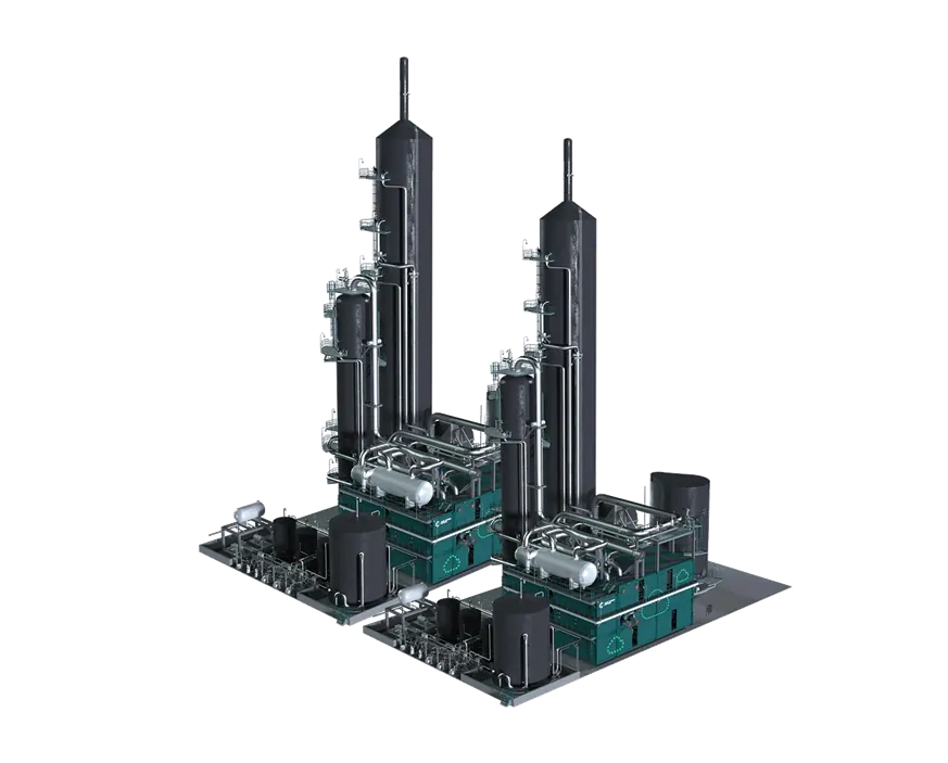 Render en 3D de dos unidades modulares de captura de CO₂ de SLB Capturi, cada una con altas columnas negras sobre una plataforma con equipos auxiliares